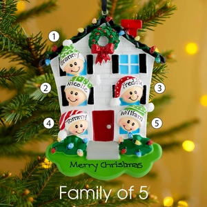 Close-up of customized resin Christmas house ornament with family names on a festive tree