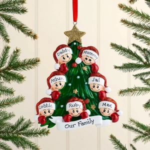 Custom 7-member resin Christmas tree ornament with star topper and personalized names