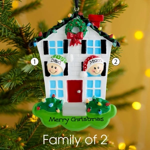 Close-up of a resin Christmas house ornament with Dad and Mum hats on a festive tree