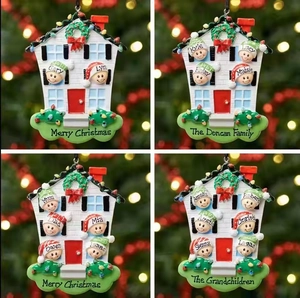 Customized resin Christmas tree house pendants for 2 to 8 family members and names