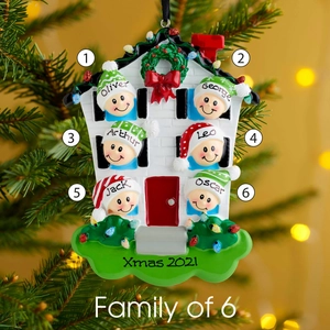 Family of 6 personalized resin house Christmas ornament on a festive tree branch