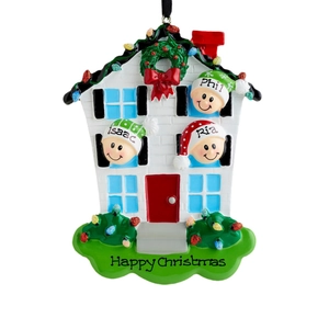 Customized white resin Christmas house ornament with snowman figures and festive names