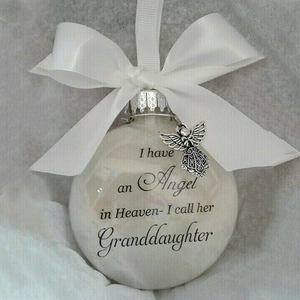 Feather memorial ball with Granddaughter message and white ribbon bow ornament