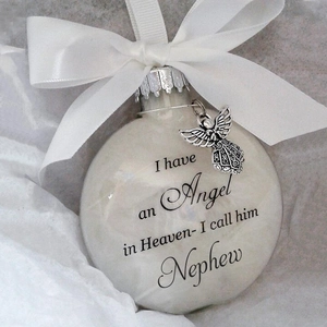 Memorial Christmas ball with white feathers, angel charm and decorative white bow