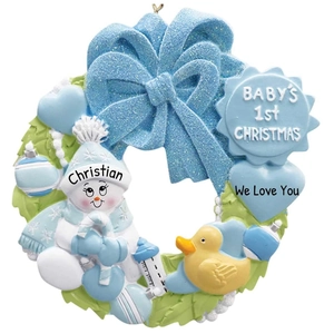 Custom Baby's 1st Christmas wreath ornament with snowman, rubber duck and blue bow