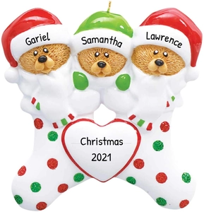 Close-up of three brown bears family ornament with red hearts and customizable names
