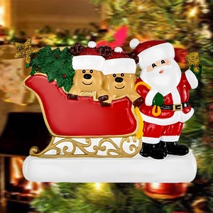 Close-up of Santa, reindeer family, and sleigh ornament with a blank white base