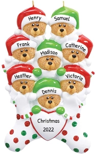 Detail of custom Christmas brown bear family ornament with eight names and heart base
