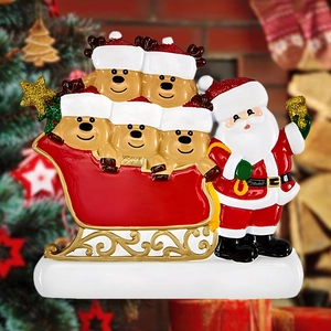 Reindeer family on a red sleigh ornament for Christmas tree decor with white custom space