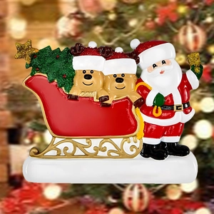 Detail of Reindeer Family Christmas ornament with Santa, sleigh and glitter tree