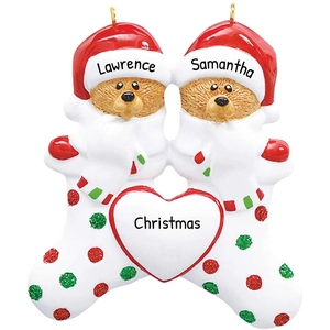 Family of two brown bears with red hats personalized Christmas tree ornament gift