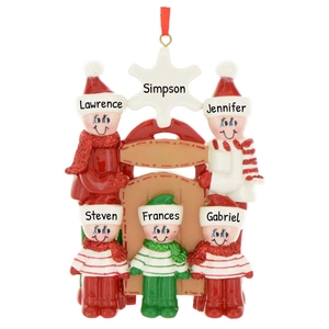 Customized 5-person resin Christmas tree ornament with sled design and glitter details