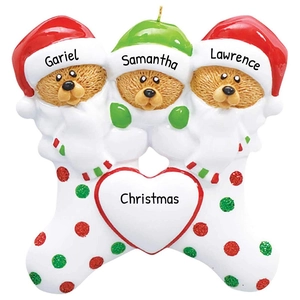Custom 3-bear family Christmas ornament with red and green hats on white heart base