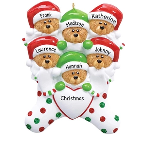 Christmas bear family ornament with six red and green hats on a white glitter heart