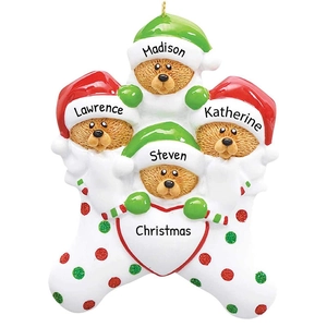 Customized family of four brown bears in Christmas stocking resin ornament decoration