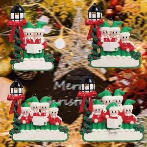 Customizable snowman family ornaments for 2-5 members with lamp post and red ribbons