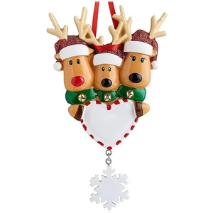 Close-up of reindeer family ornament with customizable white heart and snowflake detail