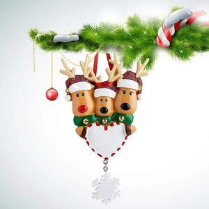 Three reindeer wearing Christmas hats with a customizable white heart and snowflake pendant