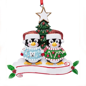 Cute penguin family Christmas tree ornament with personalized banner and glitter hats