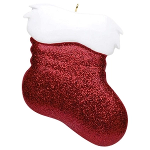 Sparkly red Christmas stocking hanging ornament with white trim and golden hook for tree decor