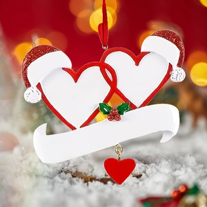 Dual heart Christmas ornament with Santa hat and blank banner for personalization