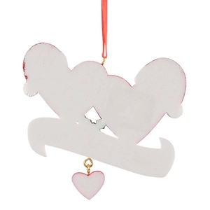 Detail view of white resin Christmas heart ornament back with red silk ribbon and small pink charm