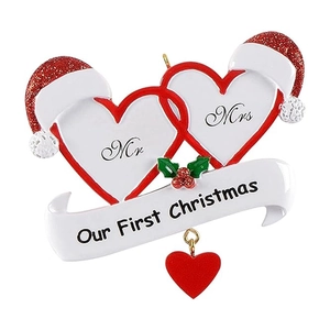 Mr & Mrs heart-shaped Christmas tree ornament with red glitter hats and gold hook