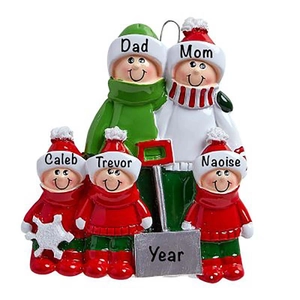 Close-up of personalized 5-member family resin Christmas ornament with sled and red hats