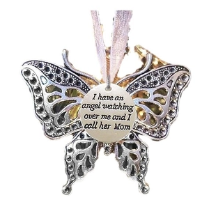 Silver angel wing heart ornament with Mom engraving and pink ribbon for memorial gift