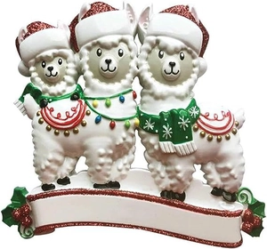 Macro detail of resin Christmas alpaca ornaments with glitter hats and customizable base