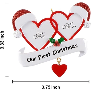 Double heart Christmas tree ornament with Mr and Mrs Santa hats and Our First Christmas text