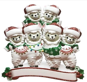Detailed resin Christmas alpaca family of six ornament with red glitter banner for DIY naming