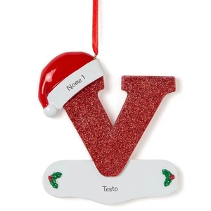 Detailed view of red glitter letter V Christmas ornament with customizable name section
