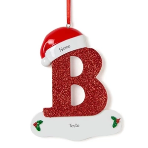 Custom red glitter letter B Christmas ornament with Santa hat and holly berry detail