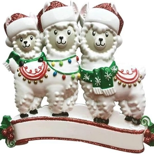 Christmas alpaca family resin ornament with Santa hats and DIY name banner for tree decor