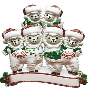 Resin Christmas alpaca family tree hanging ornament with red hats and green scarves