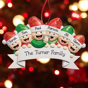 Close-up of personalized 6-person Christmas tree ornament with custom family names