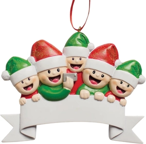 Detail of DIY Christmas tree ornament featuring five family characters with a white banner