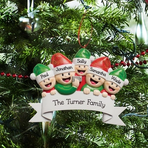 Detailed view of custom 5-person family Christmas ornament hanging on a festive tree branch