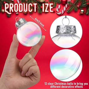 Set of 12 iridescent clear 6cm Christmas ball ornaments with silver metal caps