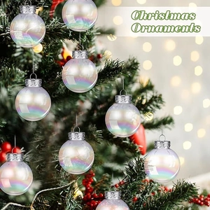 Close-up of iridescent Christmas ornaments hanging on a festive tree with warm lighting