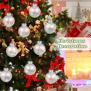 Iridescent Christmas tree ornaments with silver caps hanging in a warm festive living room
