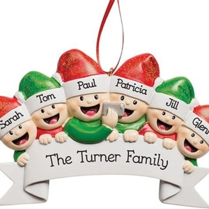 Customized family of 6 Christmas tree ornament with elves and The Turner Family banner