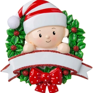 Décoration de Noël bébé en résine avec nœud rouge et feuilles de houx pour sapin