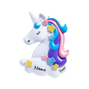 Ornement licorne de Noël en résine avec étoiles pailletées et texte personnalisable