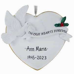 Heart Shape Memorial Ornament With White Dove Holly Berries Relief In Our Hearts Forever Christmas Hanging Tree Decor