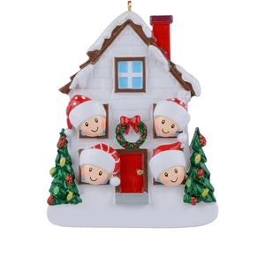 DIY Christmas tree hanging ornament featuring a snowy white house with a 4-person family