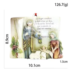 Nativity scene ceramic hanging ornament with Spanish biblical verse Matthew 1:23