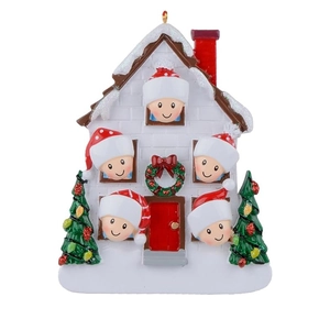 Christmas tree house hanging ornament with five cartoon figures and white base for DIY names
