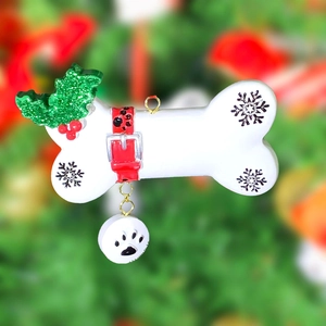 Personalized bone-shaped Christmas dog tag pendant with holly leaves and red berry decor